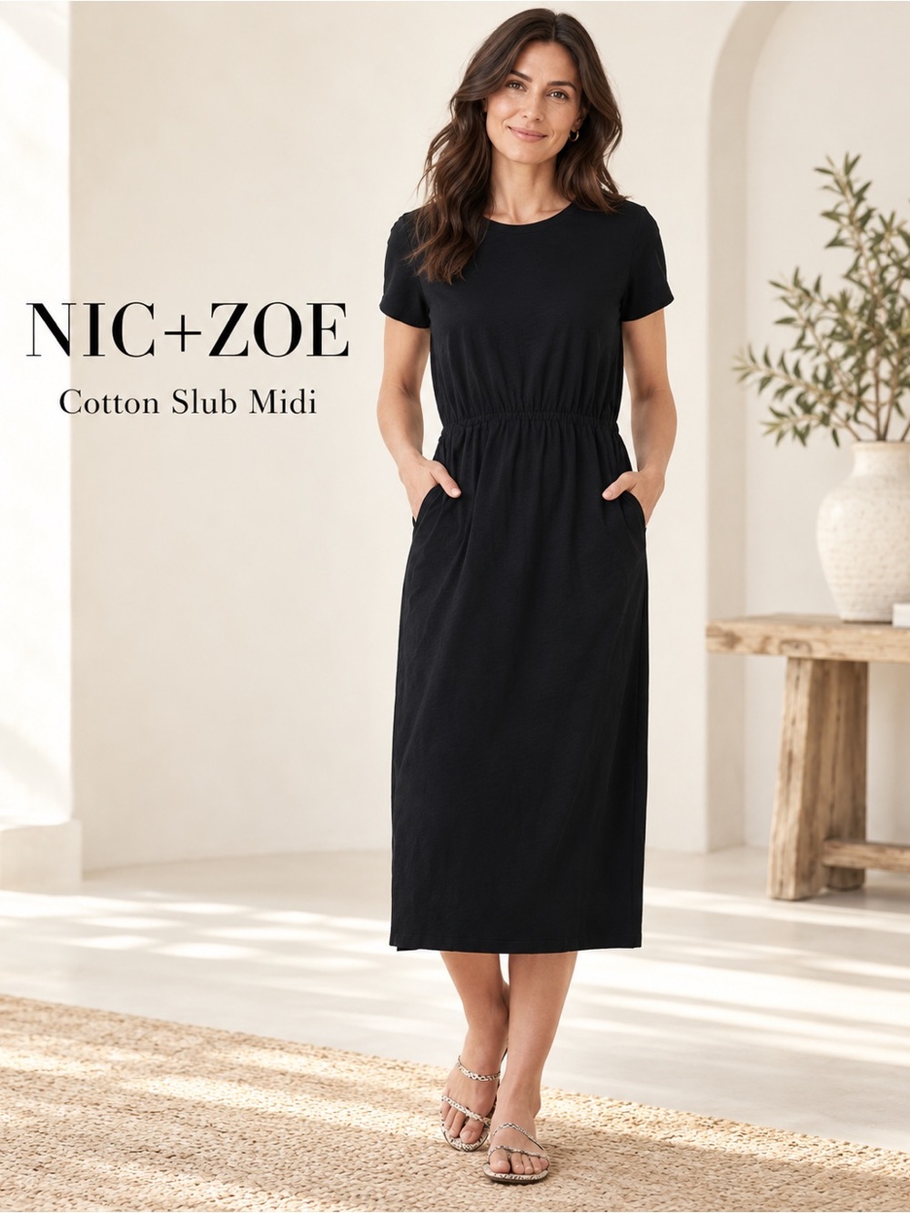 NIC+ZOE Black Cotton Slub Midi Dress with Pockets